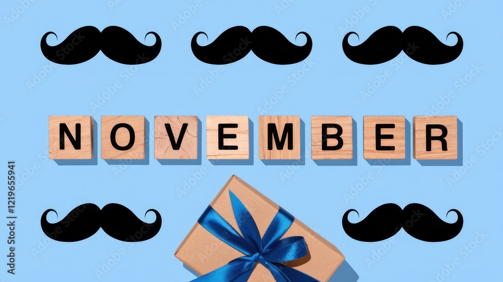 Naklejka premium November celebration with gift box and mustaches for men.