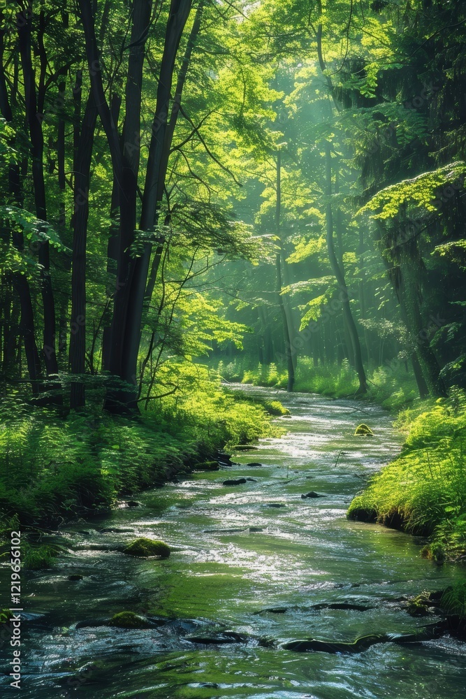 Obraz premium Tranquil Forest River Scene with Sunlit Leaves in Nature's Embrace