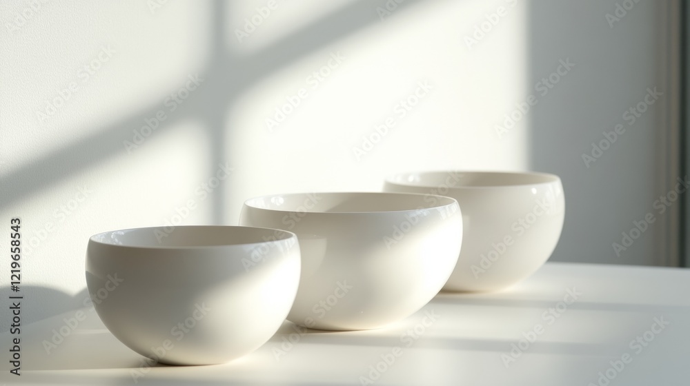 Minimalist white ceramic bowls casting shadows in natural light Minimalist white ceramic bowls casting shadows in natural light