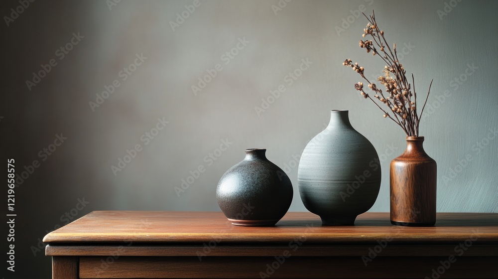 Rustic ceramic vases on wooden table with natural decor Rustic ceramic vases on wooden table with natural decor
