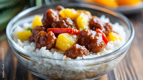 Image of rice and sweet and sour pork with pineapple in a glass bowl, emphasizing sweet and tangy flavors. Ideal for Asian cuisine and family meals. photo