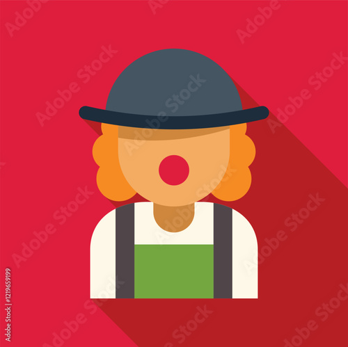 Clown wearing a bowler hat and green apron with red nose and orange hair performing in circus