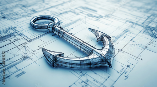 Ship Anchor Symbol Incorporated into a Marina or Port Blueprint, Highlighting Nautical Themes and Efficient Maritime Infrastructure Design