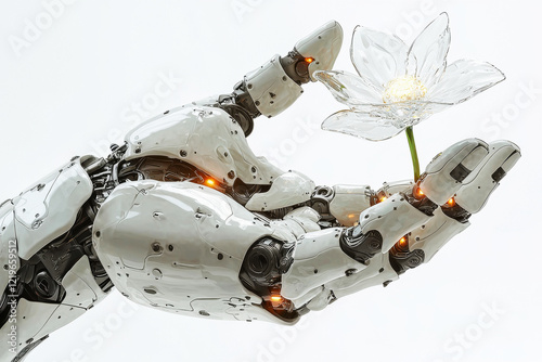 Robotic hand gracefully holding a delicate glass flower against a serene white background with intricate details