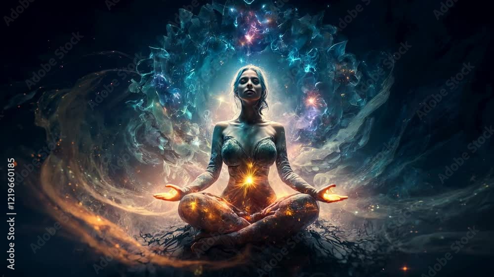 Woman practices yoga and meditation with space energy at night, fantasy view, concept of health, esoteric, magic. Woman practices yoga and meditation with space energy at night, fantasy view, concept of health, esoteric, magic.