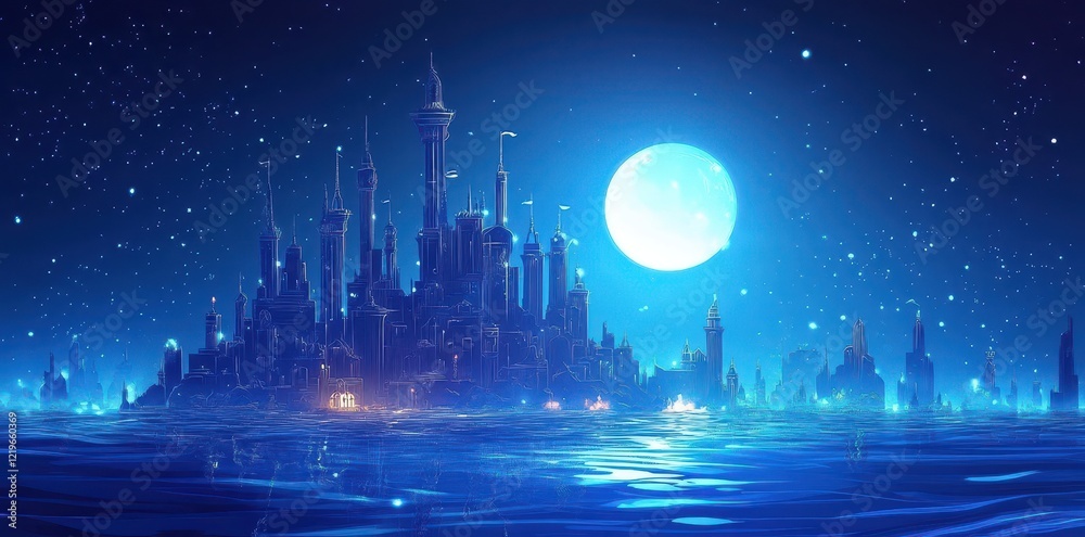 A Fantasy Cityscape Underneath a Full Moon A Fantasy Cityscape Underneath a Full Moon