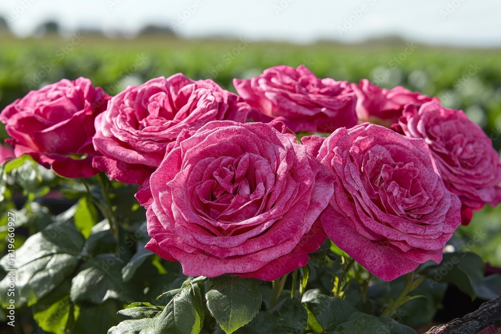 Blooming pink roses in a lush garden during early morning light Blooming pink roses in a lush garden during early morning light