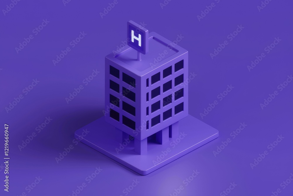 A 3D rendering of a purple building with an H on top representing a hospital. A 3D rendering of a purple building with an H on top representing a hospital.
