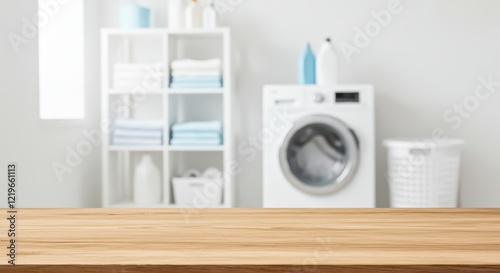 A clean and bright laundry room with a wooden table in the foreground