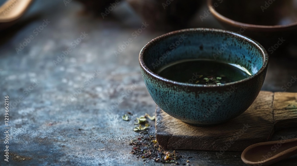 Rustic bowl with herbs and tea on a textured surface