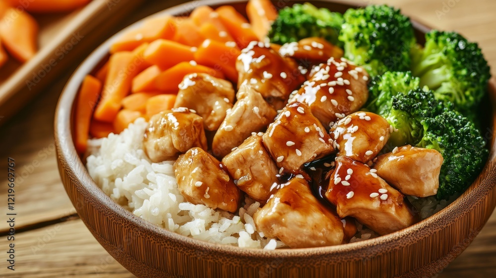 Image of rice and teriyaki chicken with broccoli and carrots in a bamboo bowl, emphasizing savory and balanced flavors. Ideal for Asian-inspired meals and quick dinners. Image of rice and teriyaki chicken with broccoli and carrots in a bamboo bowl, emphasizing savory and balanced flavors. Ideal for Asian-inspired meals and quick dinners.
