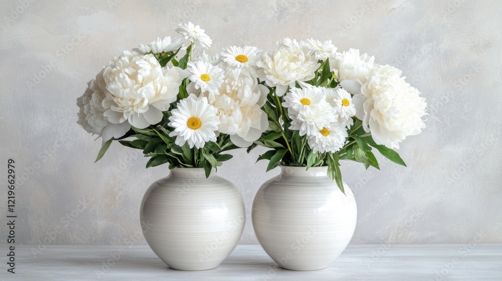 Two white peonies and daisies vases on table. Spring flowers interior decoration Two white peonies and daisies vases on table. Spring flowers interior decoration