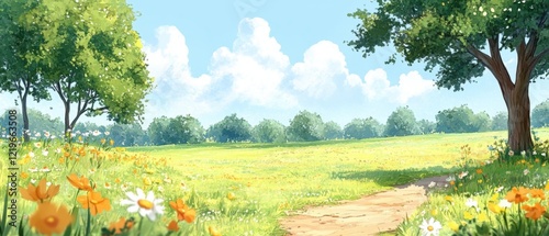 Beautiful, sunny day in a park with a path leading to a tree