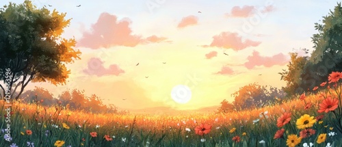 Beautiful field of flowers with a large sun in the sky