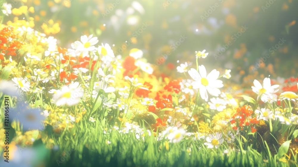 Sunlit Meadow of Daisies and Wildflowers: A Serene Summer Scene Sunlit Meadow of Daisies and Wildflowers: A Serene Summer Scene