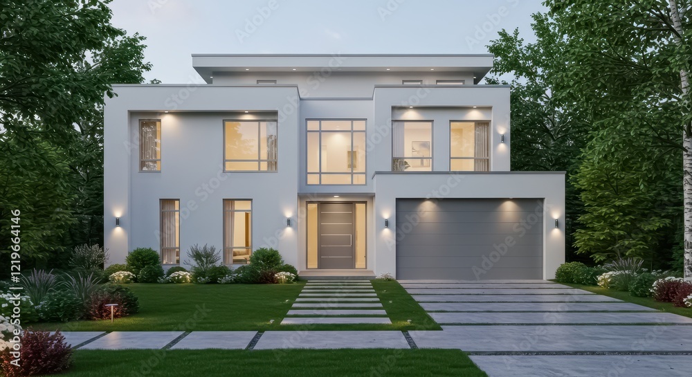 A contemporary two story house with a minimalist design featuring white walls large glass windows and a flat roof A contemporary two story house with a minimalist design featuring white walls large glass windows and a flat roof