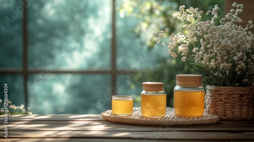 Rustic jars of honey on a wooden table
