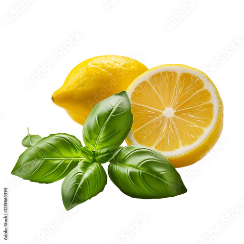 Lemon and Basil: A whole lemon and a lemon half rest beside a vibrant sprig of fresh basil, showcasing the bright citrus and herbal tones. 