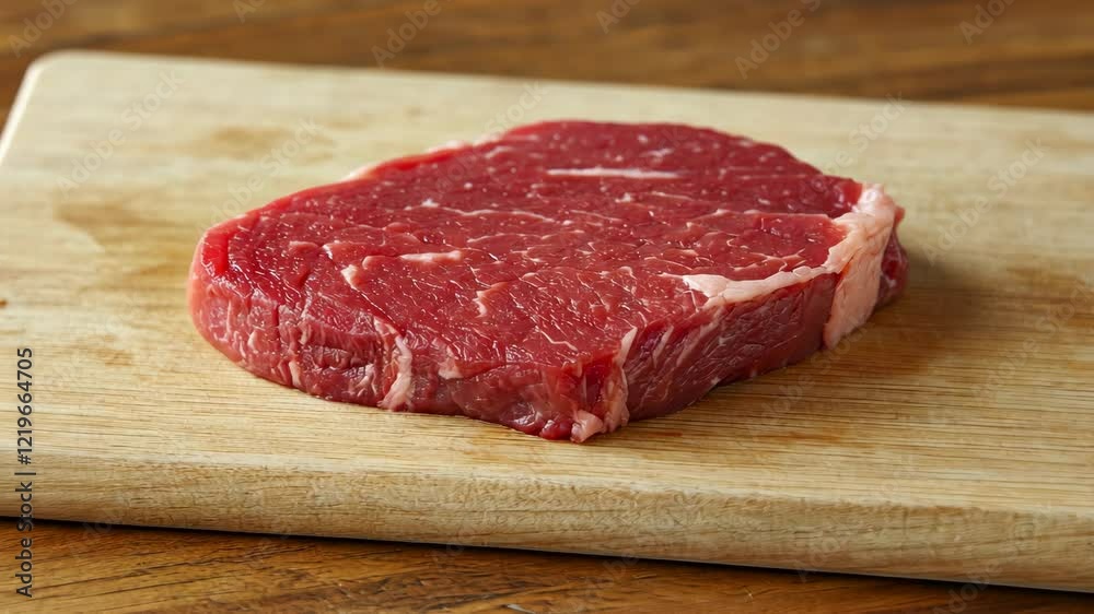 High-quality beef cut resting on a wooden cutting board in a kitchen setting ready for meal preparation High-quality beef cut resting on a wooden cutting board in a kitchen setting ready for meal preparation