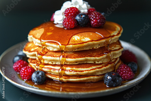 Wallpaper Mural Fluffy pancakes stacked high with syrup, berries, and whipped cream create a delightful breakfast experience Torontodigital.ca