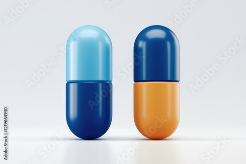Two capsules  one blue and one orange and blue  on a white background.