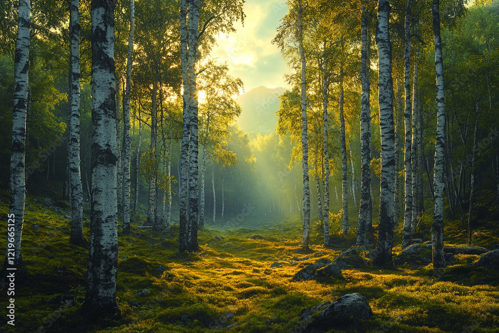 Sunlit Birch Forest Path Morning Light Illuminates Mossy Ground Sunlit Birch Forest Path Morning Light Illuminates Mossy Ground