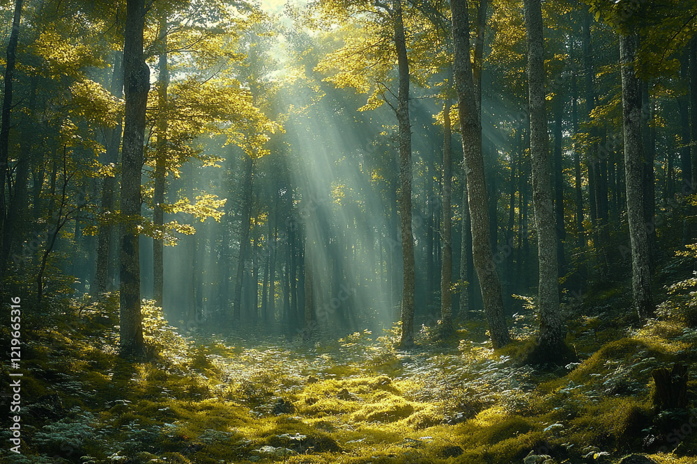 Sunbeams Illuminate a Mystical Forest Path Sunbeams Illuminate a Mystical Forest Path