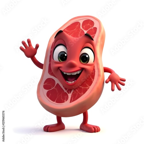 a cute delicious juicy beef steak with eyes and mouth happy cheerful 3D animation illustration bland background 05