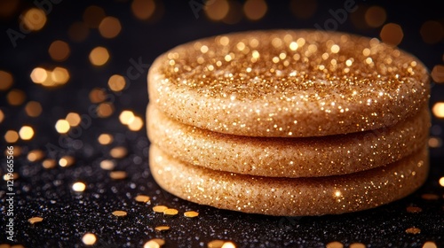 Glittery gold cookies, festive bokeh, dark background, dessert photo