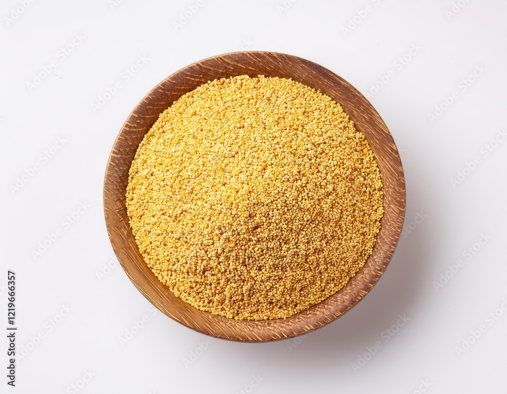 Golden millet grains in a wooden bowl on a white background Golden millet grains in a wooden bowl on a white background