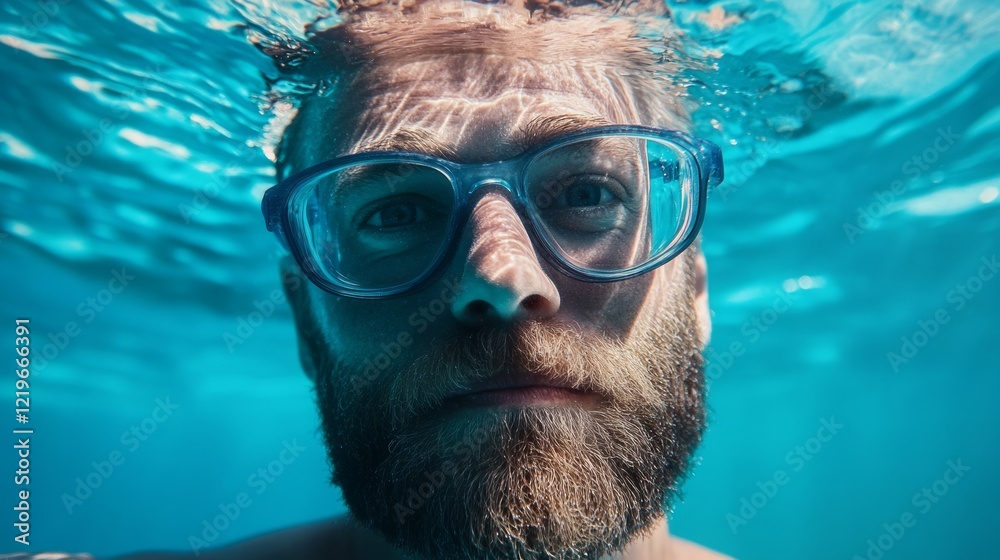 Fototapeta premium Underwater man, ocean, face, goggles, swimming, sunbeams, blue water, summer, travel photo, stock image