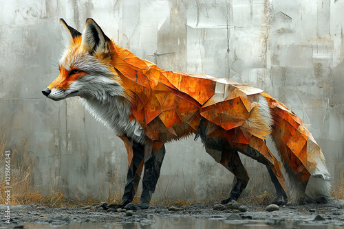 A Geometric Red Fox Stands Near Water