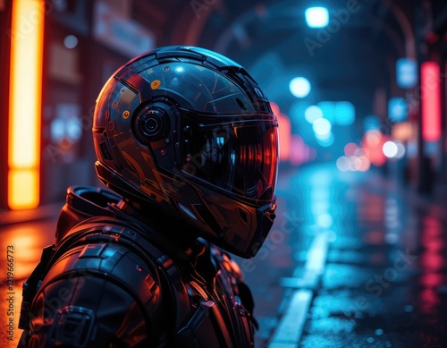 Cyberpunk Motorcyclist: Neon Cityscape Reflection photo