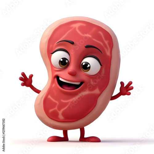 a cute delicious juicy beef steak with eyes and mouth happy cheerful 3D animation illustration bland background 04