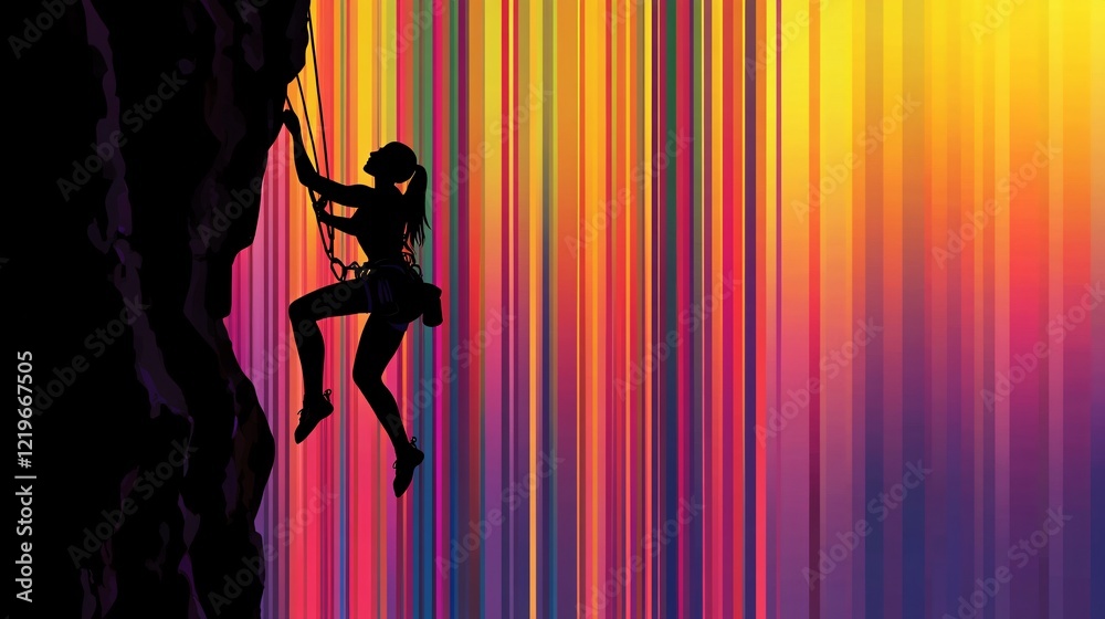 Silhouetted Climber Ascending Rocky Cliff Silhouetted Climber Ascending Rocky Cliff