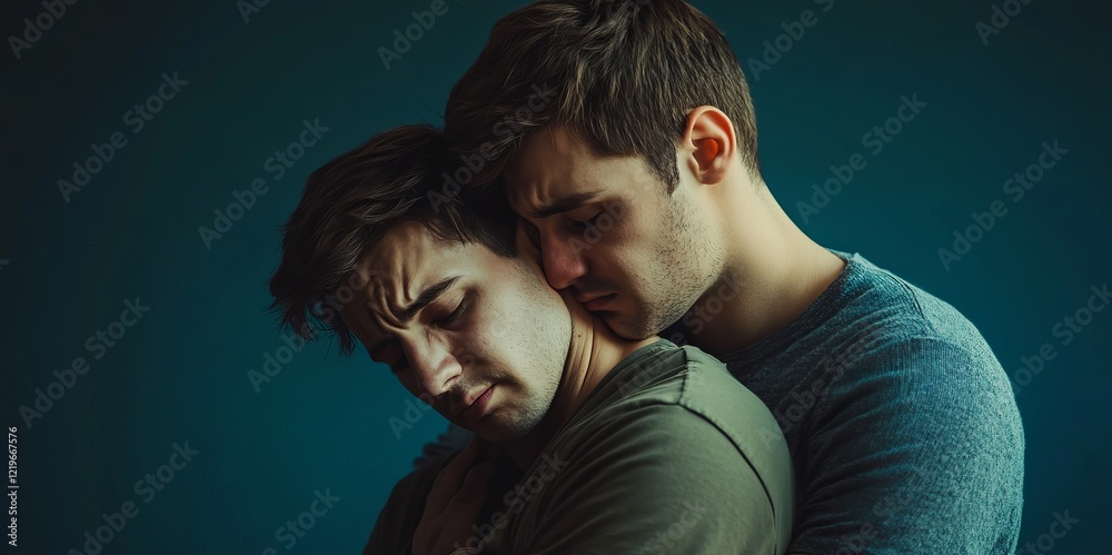 Fototapeta premium Heartbreak and Uncertainty: A Gay Couple's Emotional Struggle. A poignant depiction of relationship difficulties and sadness within an LGBTQ+ 