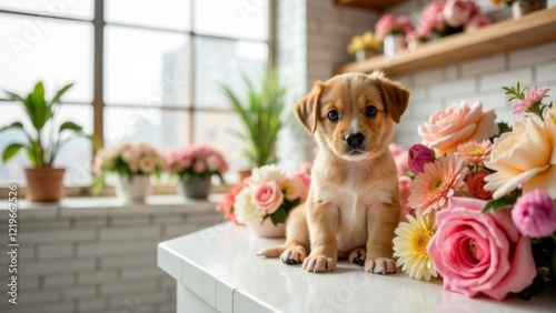 cute puppy sitting on counter surrounded by vibrant flowers in bright flower shop, looking into the camera, cozy and romantic, Valentines Day, pet care, flower shop. photo