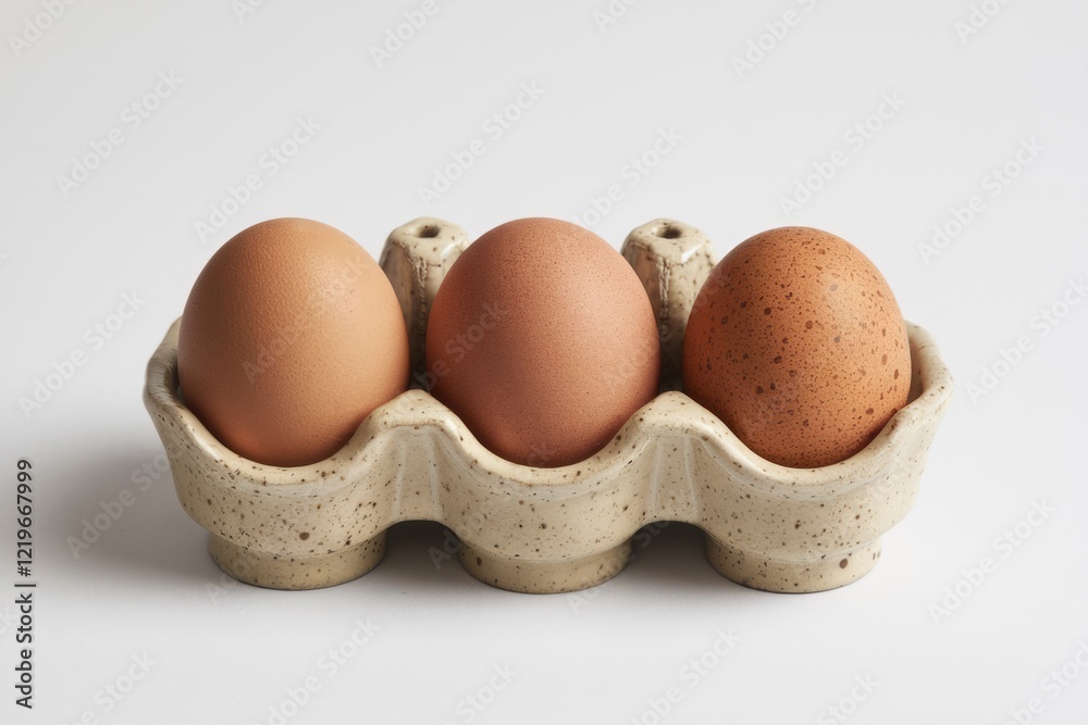 Three brown eggs nestled in a speckled ceramic egg carton. Three brown eggs nestled in a speckled ceramic egg carton.