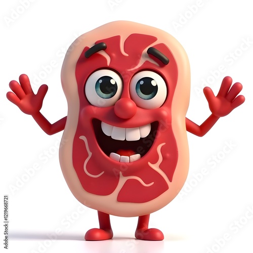 a cute delicious juicy beef steak with eyes and mouth happy cheerful 3D animation illustration bland background 03