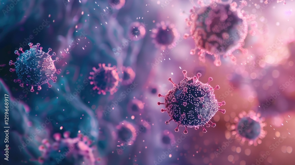 Fototapeta premium Virus flu outbreak, banner illustration, microscopic view of floating influenza virus cells in blue and dark blue