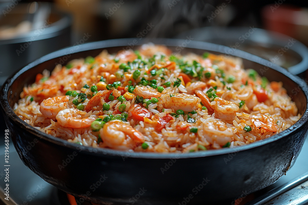 Steaming Shrimp Fried Rice Dish In A Pan Steaming Shrimp Fried Rice Dish In A Pan