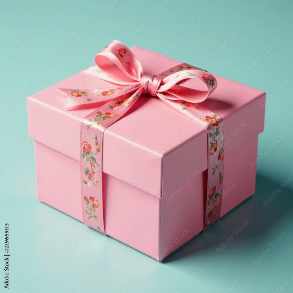 Obraz premium Colorful pink gift box with a delicate floral ribbon tied in a bow, wrappingpaper, ribbon