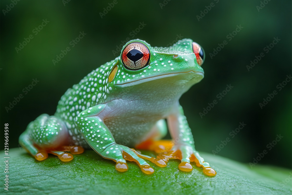 Obraz premium A Vibrant Green Frog With White Spots Poses On A Leaf