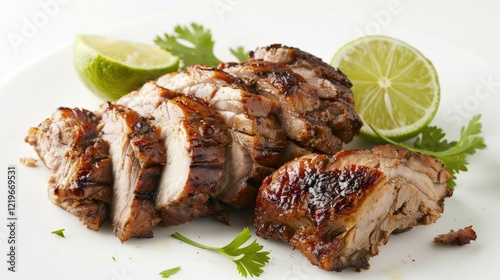 Cuban food roasted pork on white background, close up
