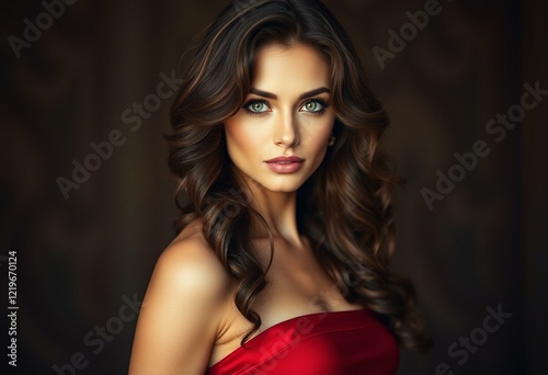 Glamorous woman in red evening gown