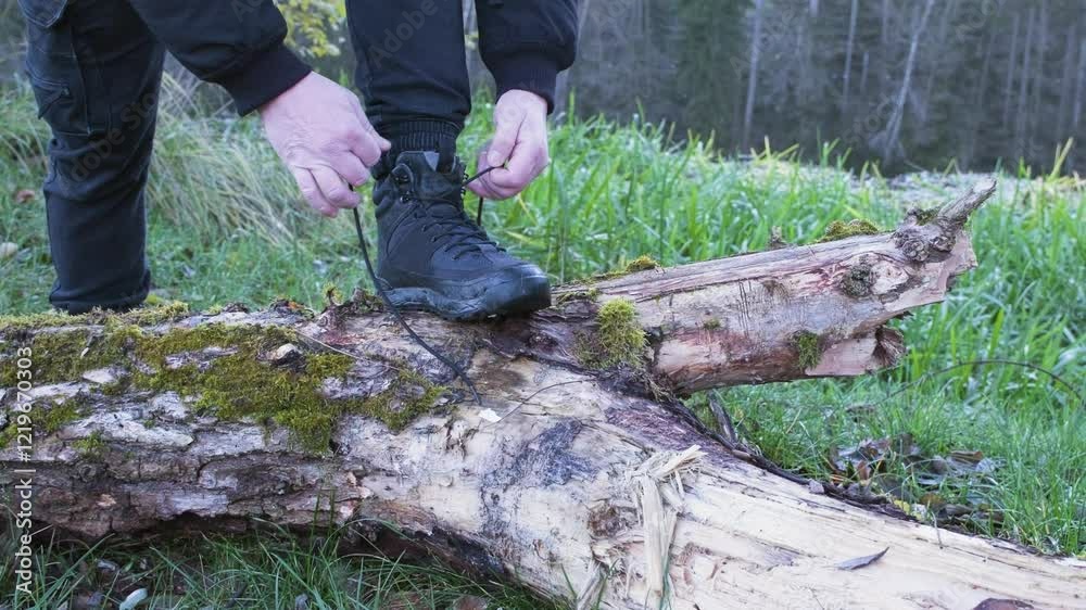 Slow Motion of a Traveler Tying Shoelaces on a Log Near a Tranquil Lake Slow Motion of a Traveler Tying Shoelaces on a Log Near a Tranquil Lake