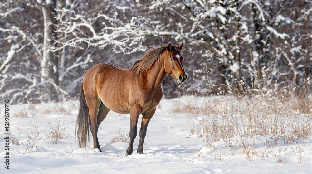 Majestic Brown Horse Standing in a Snowy Winter Forest Scene Majestic Brown Horse Standing in a Snowy Winter Forest Scene