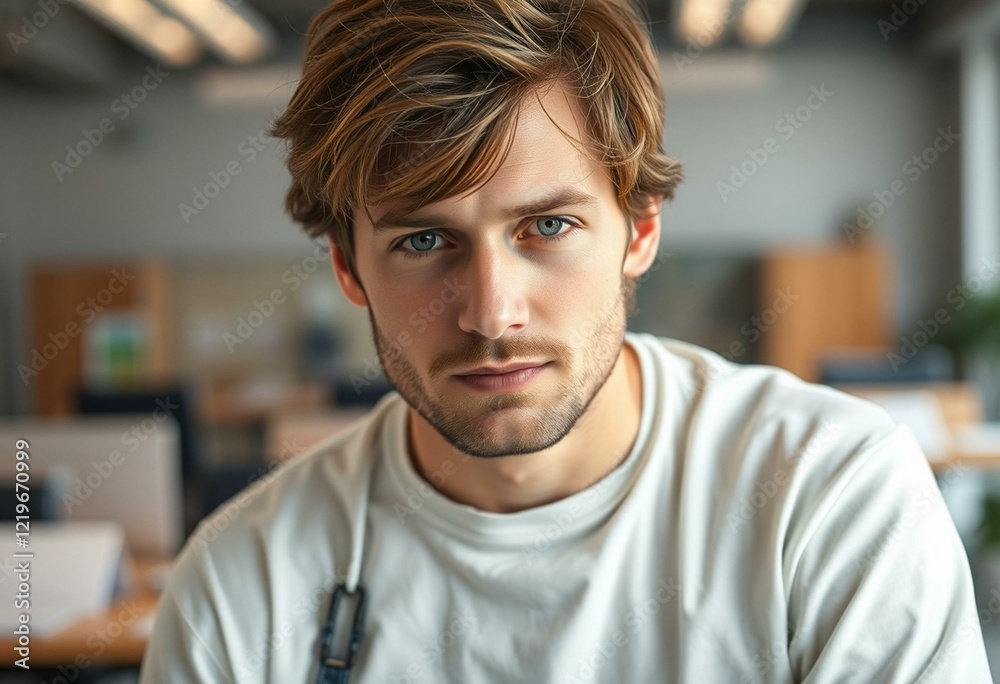 Obraz premium Portrait of a man with disheveled hair and blurred office background