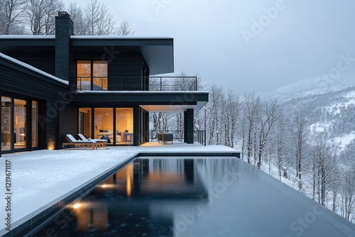 A pool surrounded by snow-covered grass and trees, perfect for winter wonderland scenes