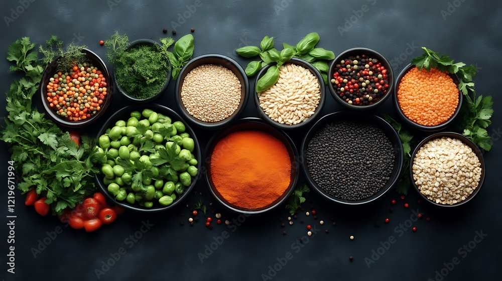 Assorted Grains Legumes Spices Herbs Arranged In Bowls Assorted Grains Legumes Spices Herbs Arranged In Bowls